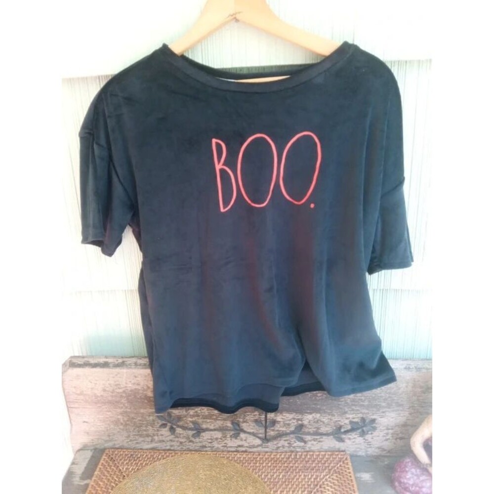 Rae Dunn Boo Velour black Shirt, soft, boxy, short, Halloween